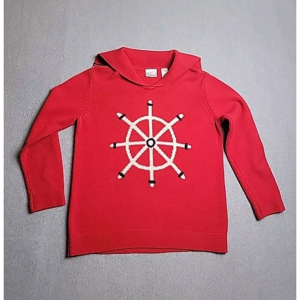 Village Sport Sweater Womens L Petite Red White Knit Sailing Nautical Wheel Ship